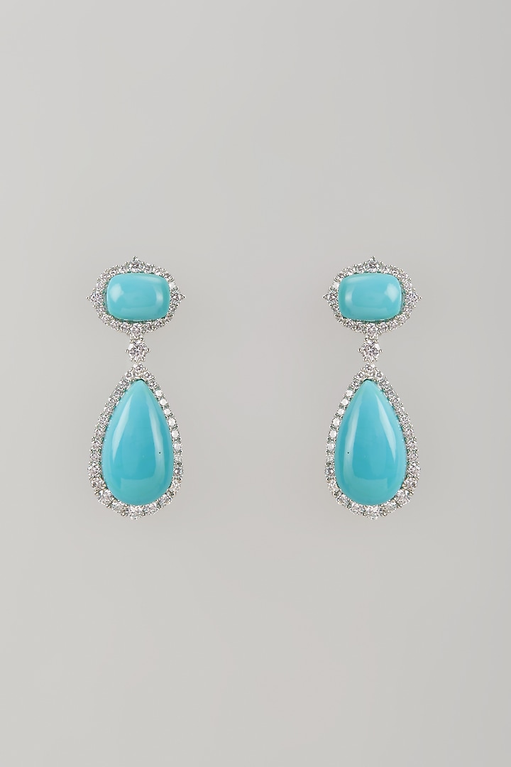 White Finish Turquoise Stone & Zircon Dangler Earrings by Studio6 Jewels at Pernia's Pop Up Shop