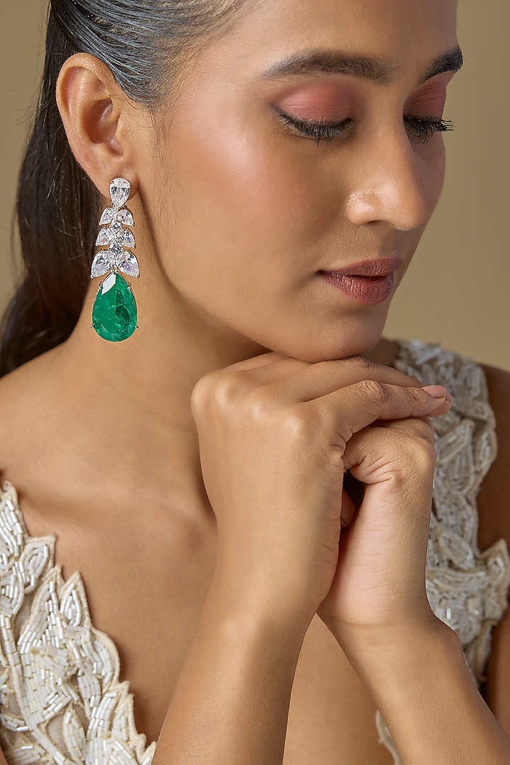 White Finish Green Stone & Zircon Dangler Earrings by Studio6 Jewels at Pernia's Pop Up Shop