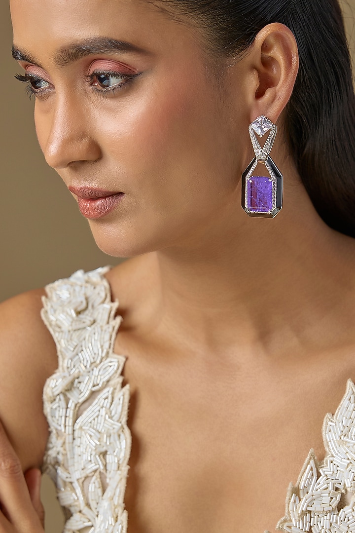 White Finish Purple Stone & Zircon Enameled Dangler Earrings by Studio6 Jewels at Pernia's Pop Up Shop