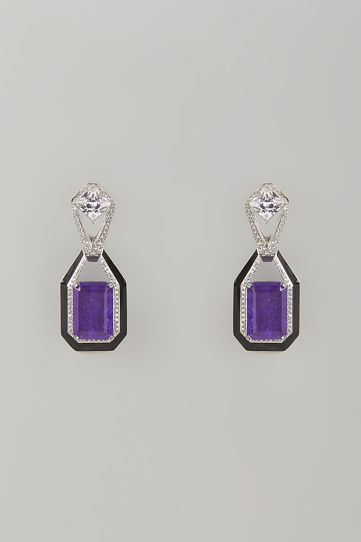White Finish Purple Stone & Zircon Enameled Dangler Earrings by Studio6 Jewels at Pernia's Pop Up Shop