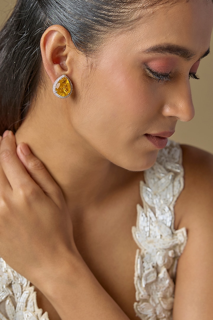White Finish Yellow Crystal & Zircon Stud Earrings by Studio6 Jewels at Pernia's Pop Up Shop