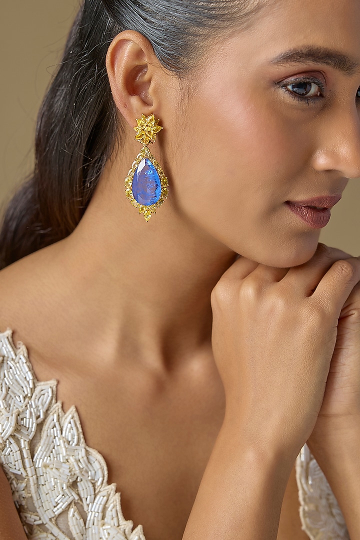 Gold Finish Sapphire Blue Stone & Zircon Dangler Earrings by Studio6 Jewels at Pernia's Pop Up Shop