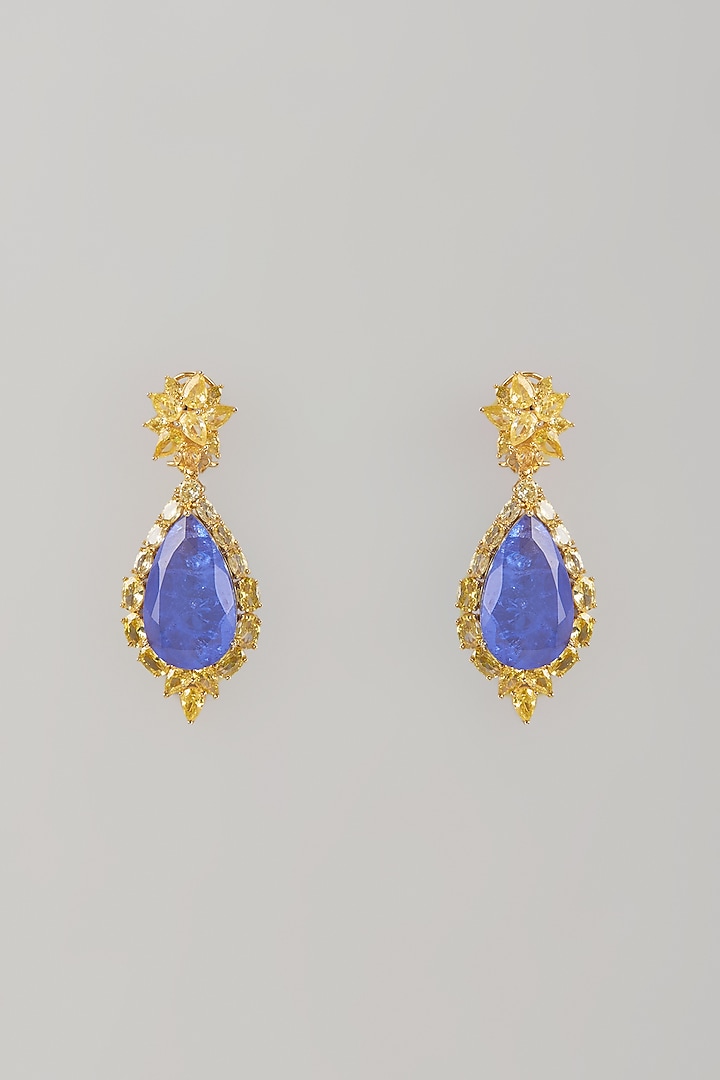 Gold Finish Sapphire Blue Stone & Zircon Dangler Earrings by Studio6 Jewels at Pernia's Pop Up Shop