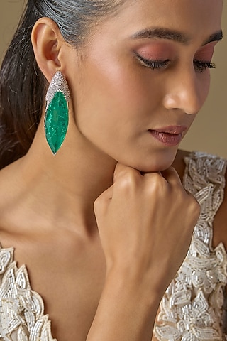 White Finish Green Crystal & Zircon Dangler Earrings by Studio6 Jewels