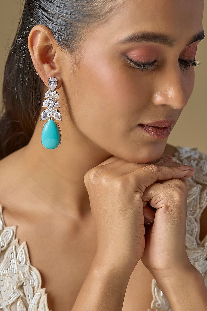 White Finish Turquoise Stone & Zircon Dangler Earrings by Studio6 Jewels at Pernia's Pop Up Shop