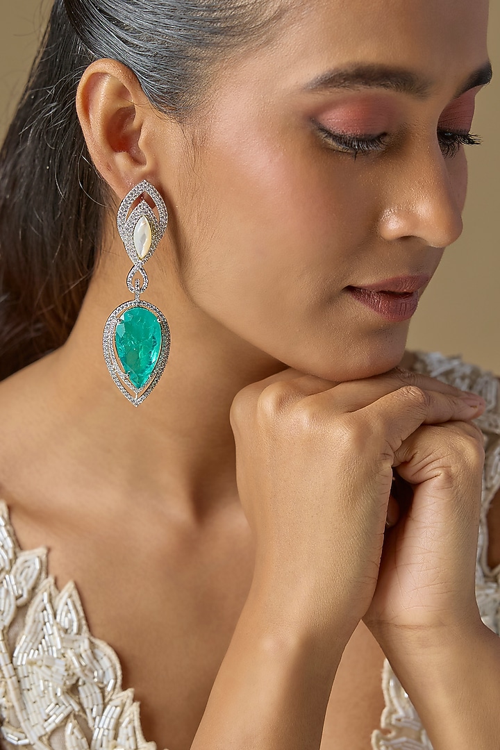 White Finish Aqua Crystal & Zircon Dangler Earrings by Studio6 Jewels at Pernia's Pop Up Shop