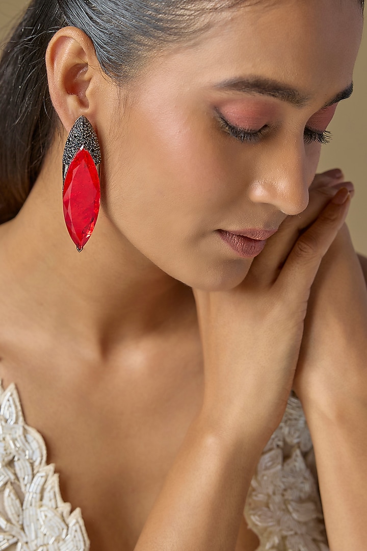Black Rhodium Finish Red Crystal & Zircon Dangler Earrings by Studio6 Jewels at Pernia's Pop Up Shop