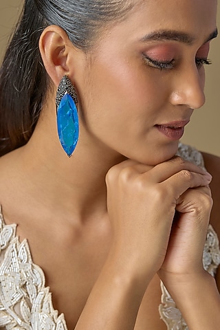 Black Rhodium Finish Royal Blue Crystal & Zircon Dangler Earrings by Studio6 Jewels