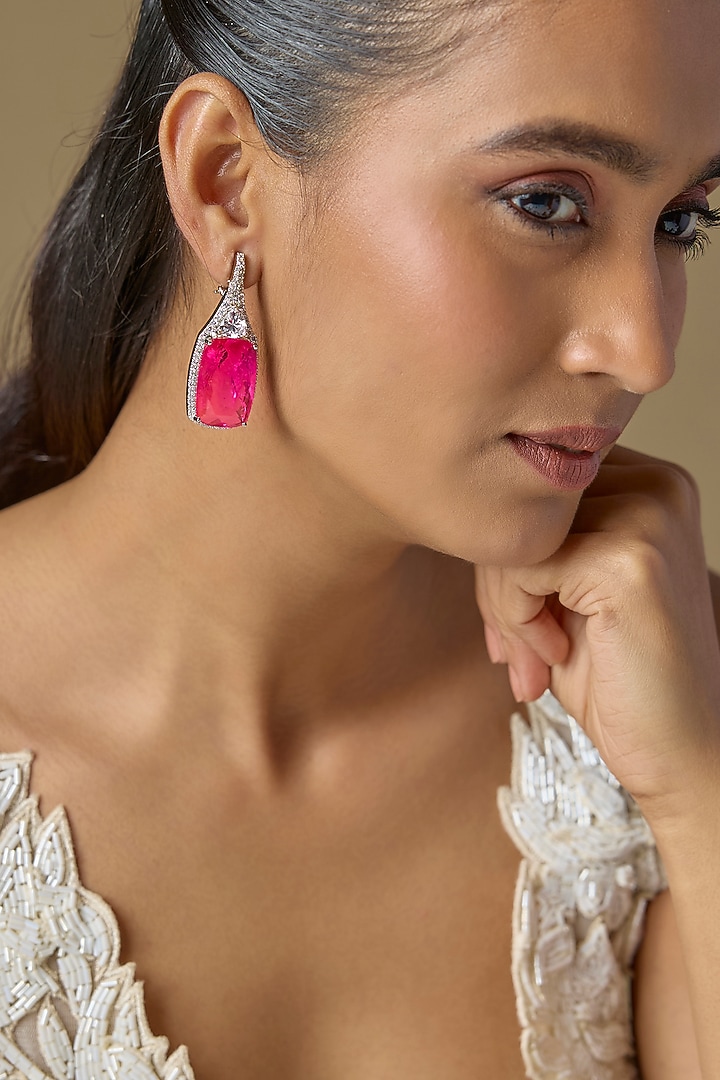 White Finish Deep Pink Zircon Dangler Earrings by Studio6 Jewels at Pernia's Pop Up Shop