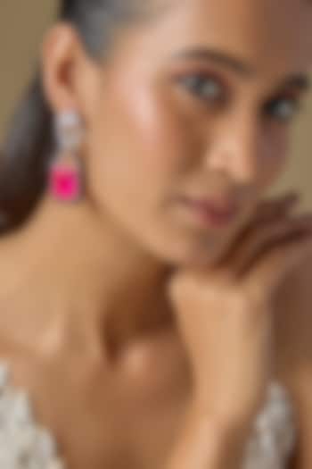 White Finish Pink Stone & Zircon Enameled Dangler Earrings by Studio6 Jewels at Pernia's Pop Up Shop
