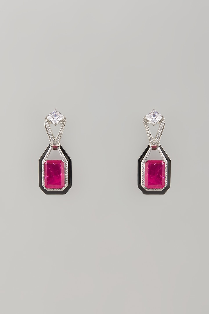 White Finish Pink Stone & Zircon Enameled Dangler Earrings by Studio6 Jewels at Pernia's Pop Up Shop