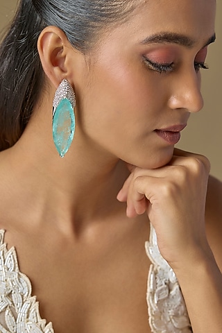 White Finish Aqua Blue Crystal & Zircon Dangler Earrings by Studio6 Jewels