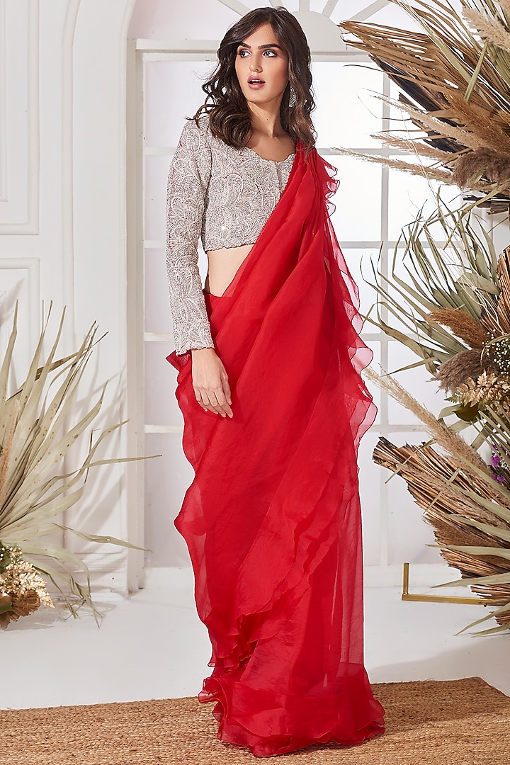 Red Ruffled Draped Saree Set by Stotram