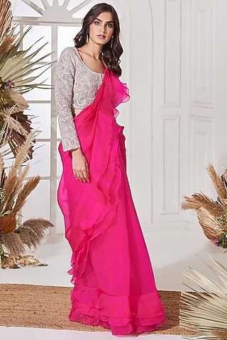 Fuchsia Organza Ruffled Draped Saree Set by Stotram