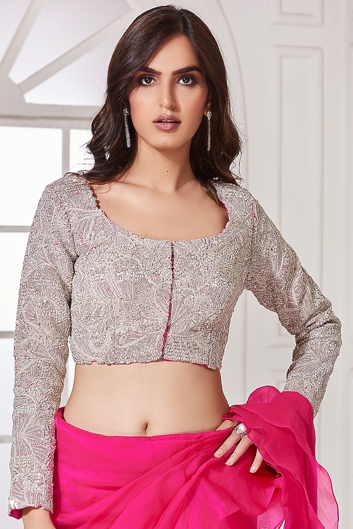 Fuchsia Organza Ruffled Draped Reception Saree Set by Stotram at Pernia's Pop Up Shop