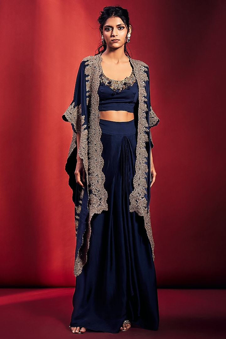 Navy Blue Embroidered Cape Set by Stotram