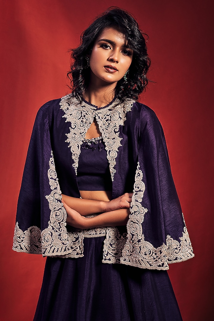 Purple Embroidered Jacket Bridal Lehenga Set by Stotram at Pernia's Pop Up Shop