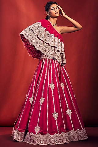 Fuchsia Pink Embroidered Lehenga Set by Stotram