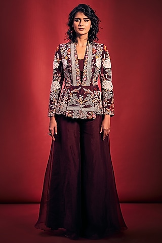 Wine Hand Embroidered Jacket Set by Stotram