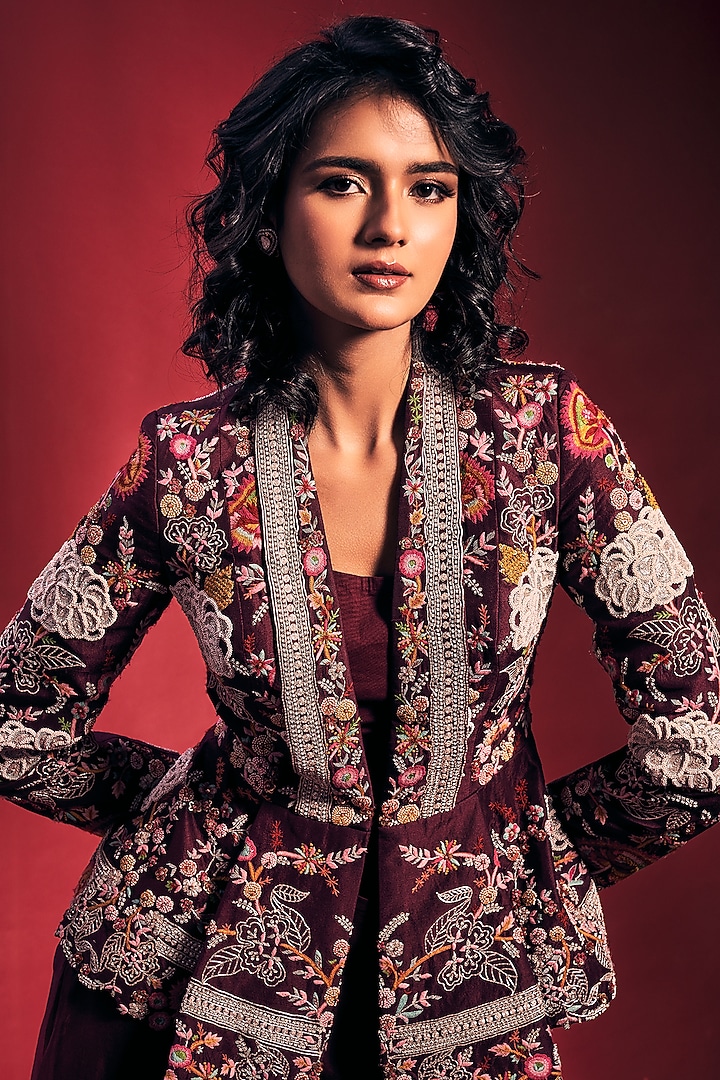 Wine Hand Embroidered Jacket Set by Stotram at Pernia's Pop Up Shop