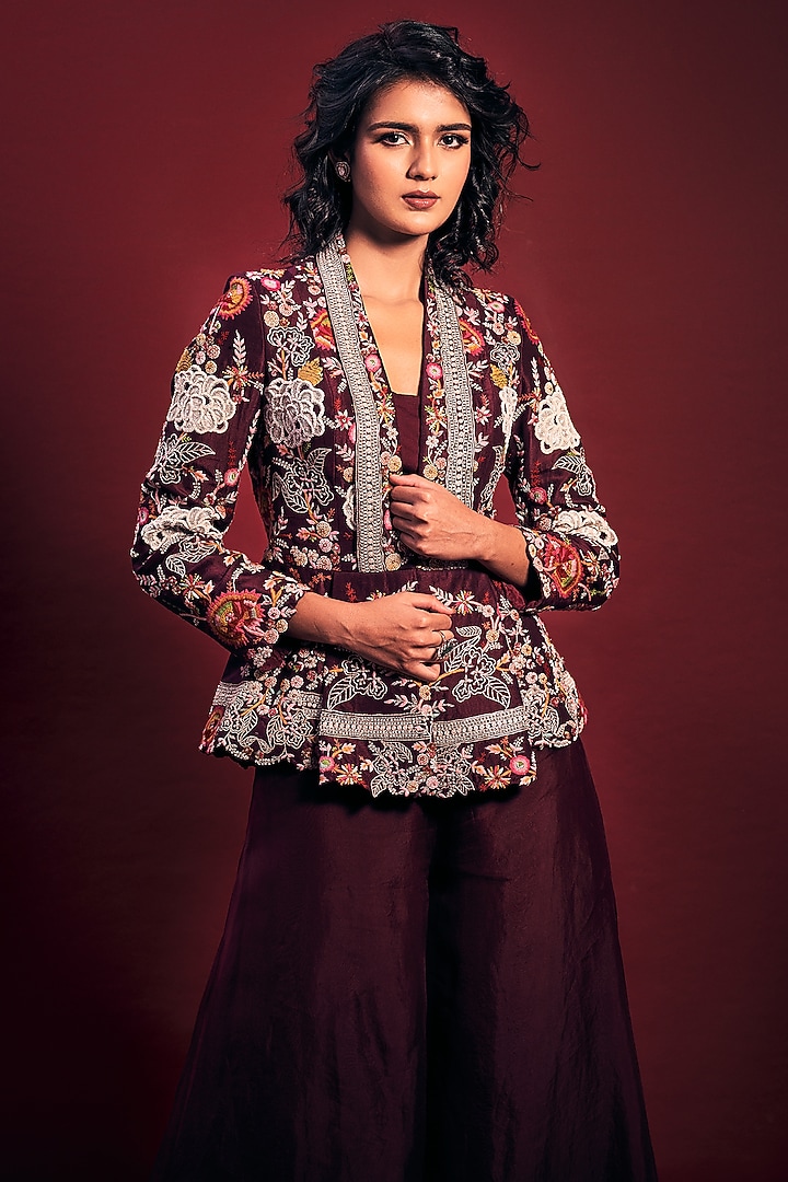 Wine Hand Embroidered Jacket Set by Stotram at Pernia's Pop Up Shop