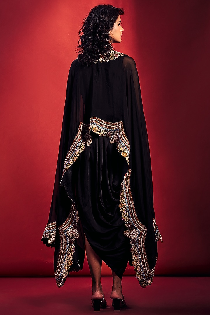 Black Satin Jumpsuit With Cape by Stotram at Pernia's Pop Up Shop