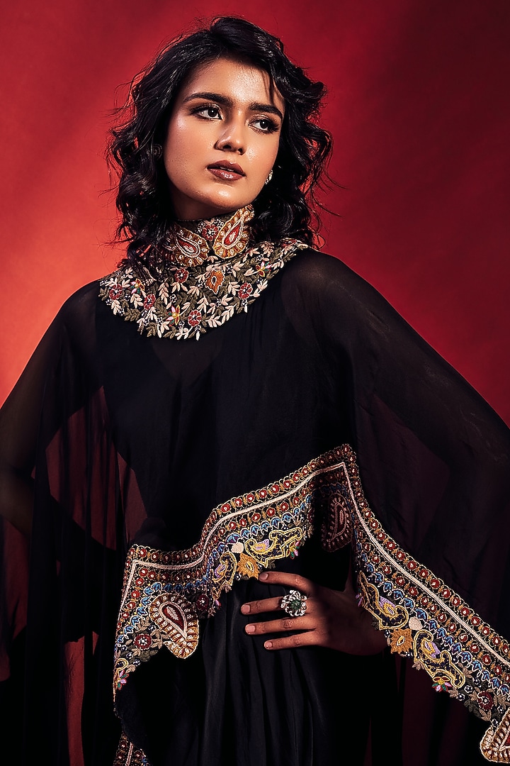 Black Satin Jumpsuit With Cape by Stotram at Pernia's Pop Up Shop