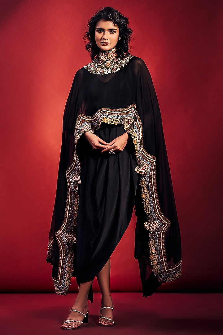 Black Satin Jumpsuit With Cape by Stotram at Pernia's Pop Up Shop