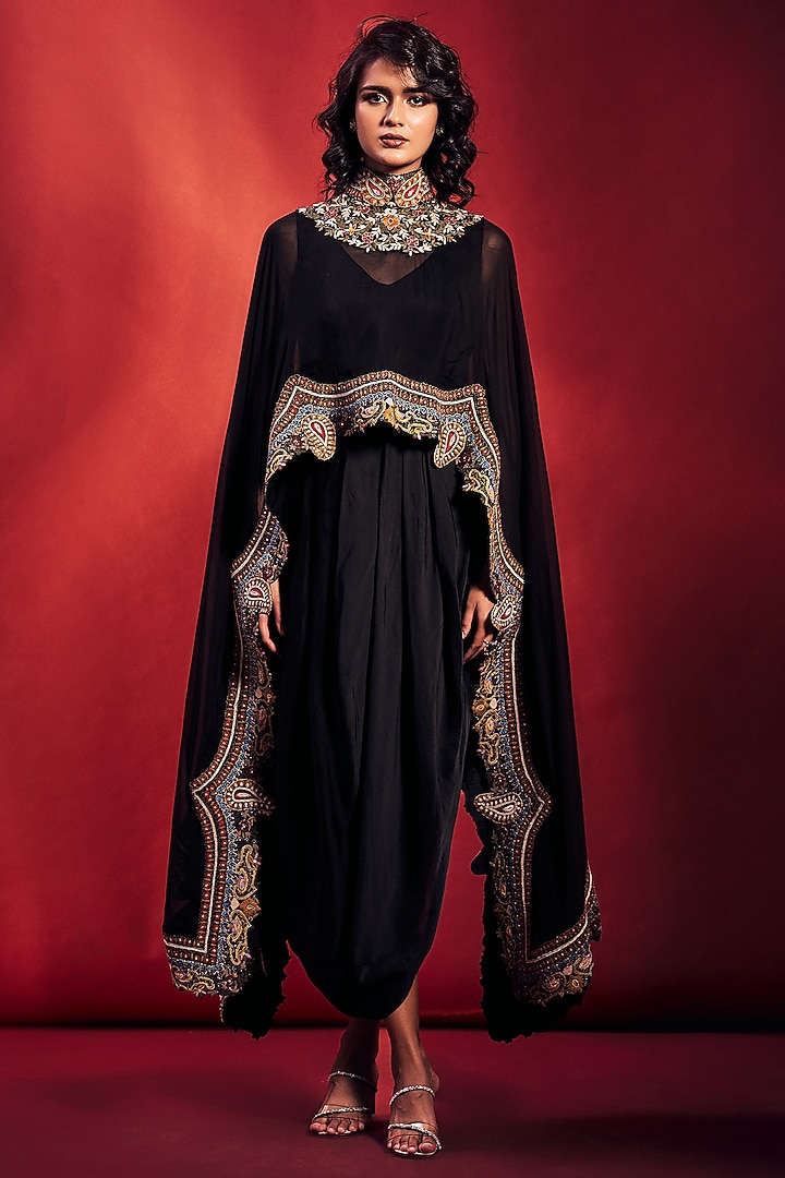 Black Satin Jumpsuit With Cape by Stotram at Pernia's Pop Up Shop