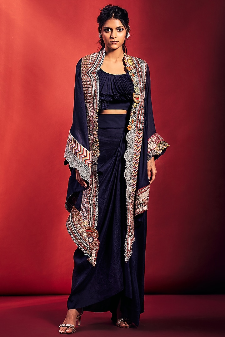 Navy Blue Embroidered Cape Set by Stotram