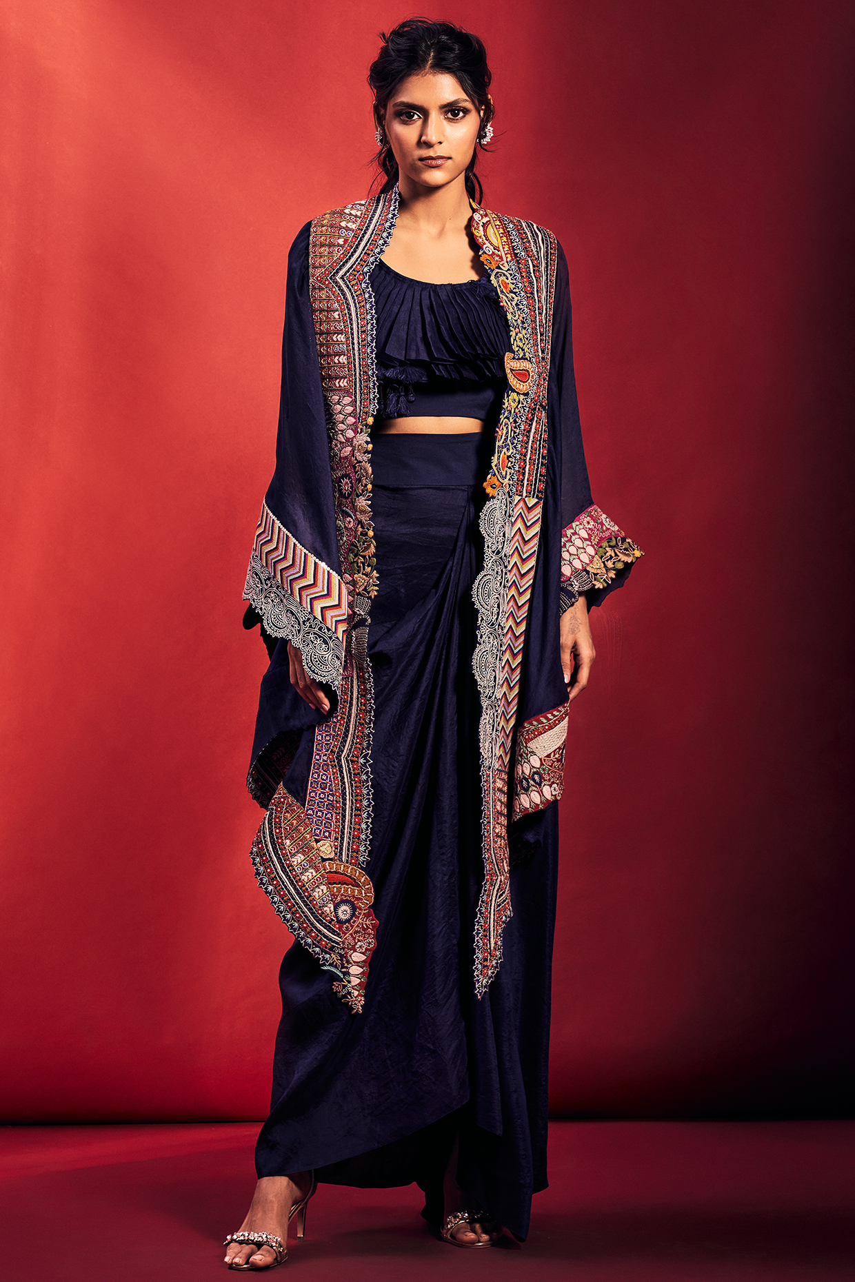 Navy Blue Embroidered Cape Set by Stotram