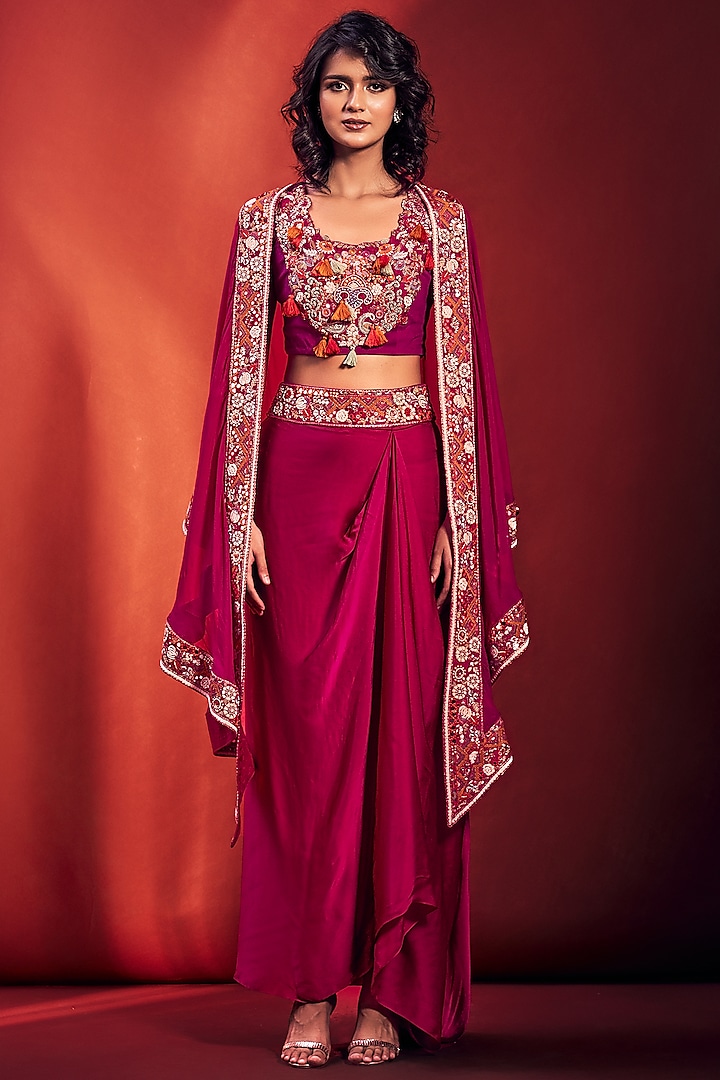 Fuchsia Embroidered Cape Set by Stotram