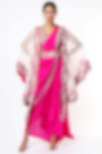 Fuchsia Pink Silk Draped Skirt Reception Saree Set by Stotram at Pernia's Pop Up Shop