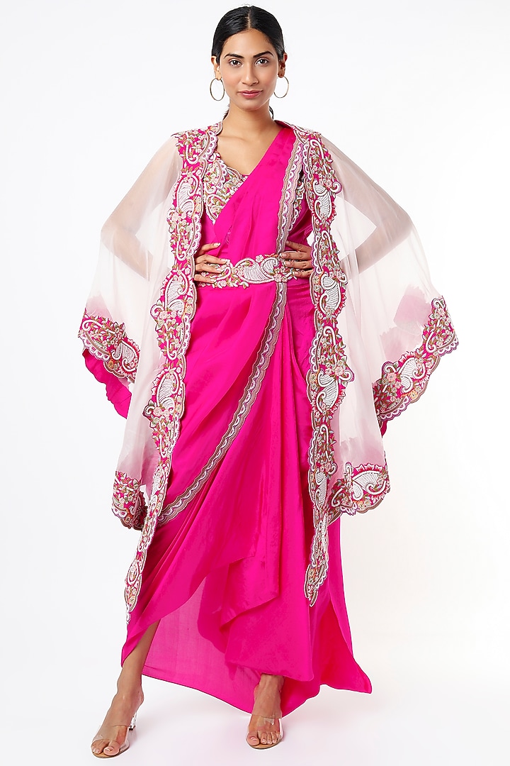 Fuchsia Pink Silk Draped Skirt Reception Saree Set by Stotram at Pernia's Pop Up Shop