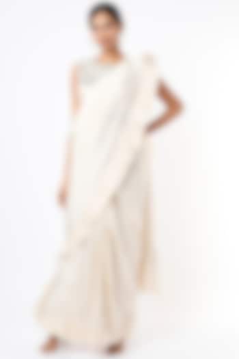 White Dupion Silk Draped Saree Set by Stotram