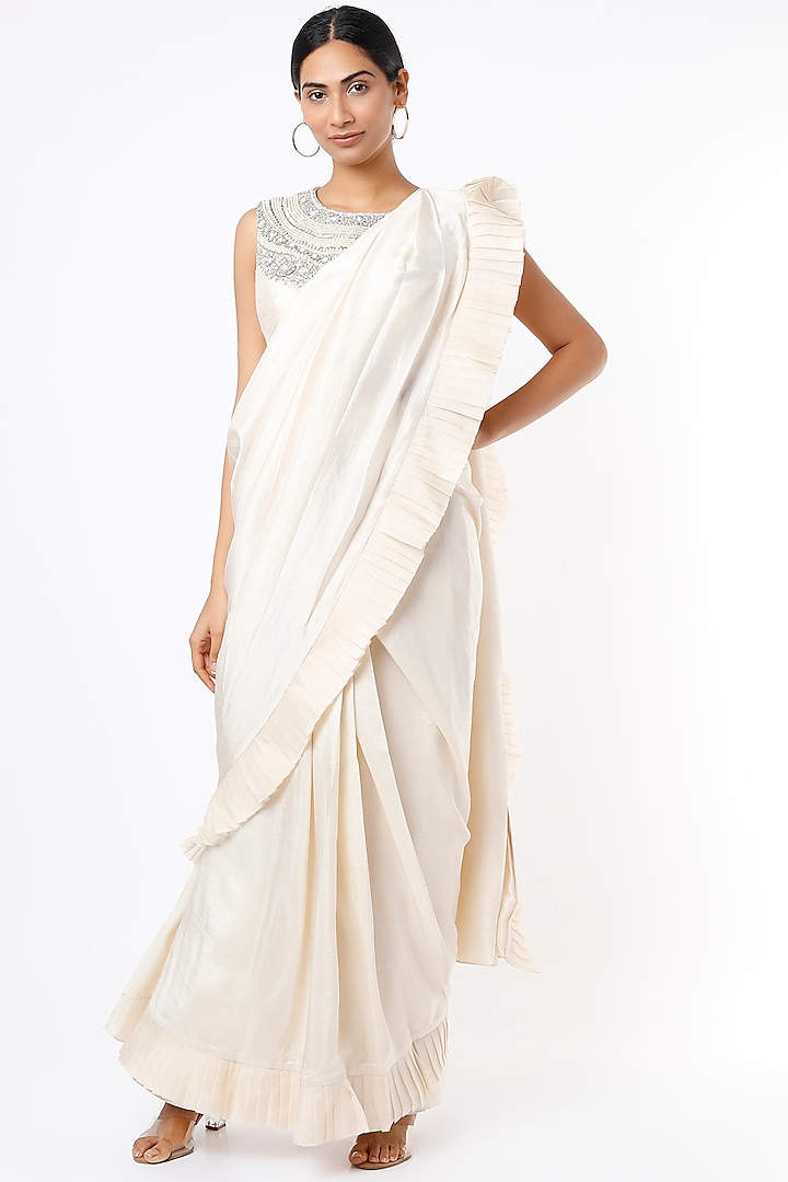 White Dupion Silk Draped Saree Set by Stotram