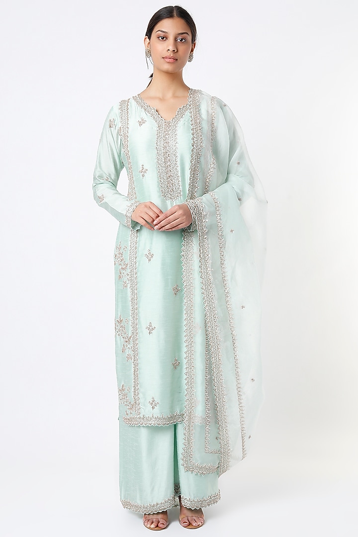 Ice Blue Hand Embroidered Kurta Set by Stotram at Pernia's Pop Up Shop