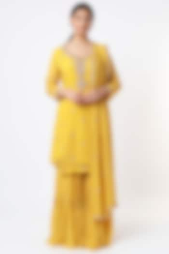 Mustard Georgette Bandhani Sharara Set by Stotram at Pernia's Pop Up Shop