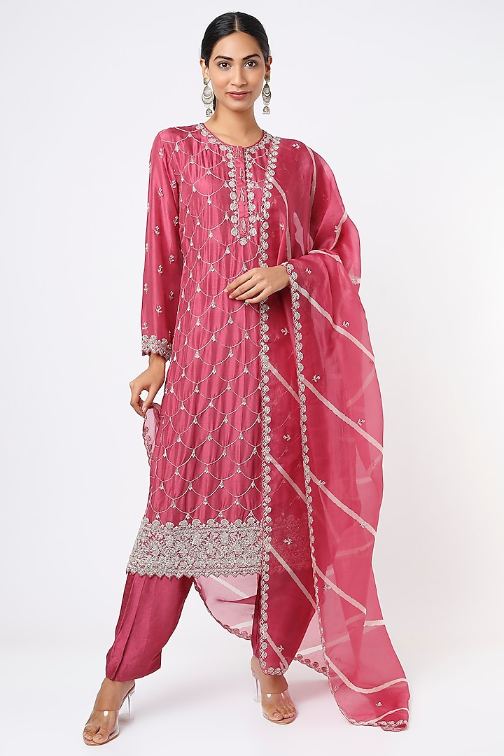 Light Red Pure Silk Kurta Set by Stotram