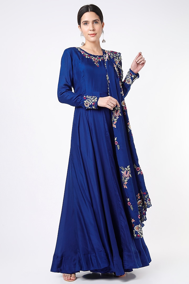 Blue Pure Silk Anarkali Set by Stotram at Pernia's Pop Up Shop