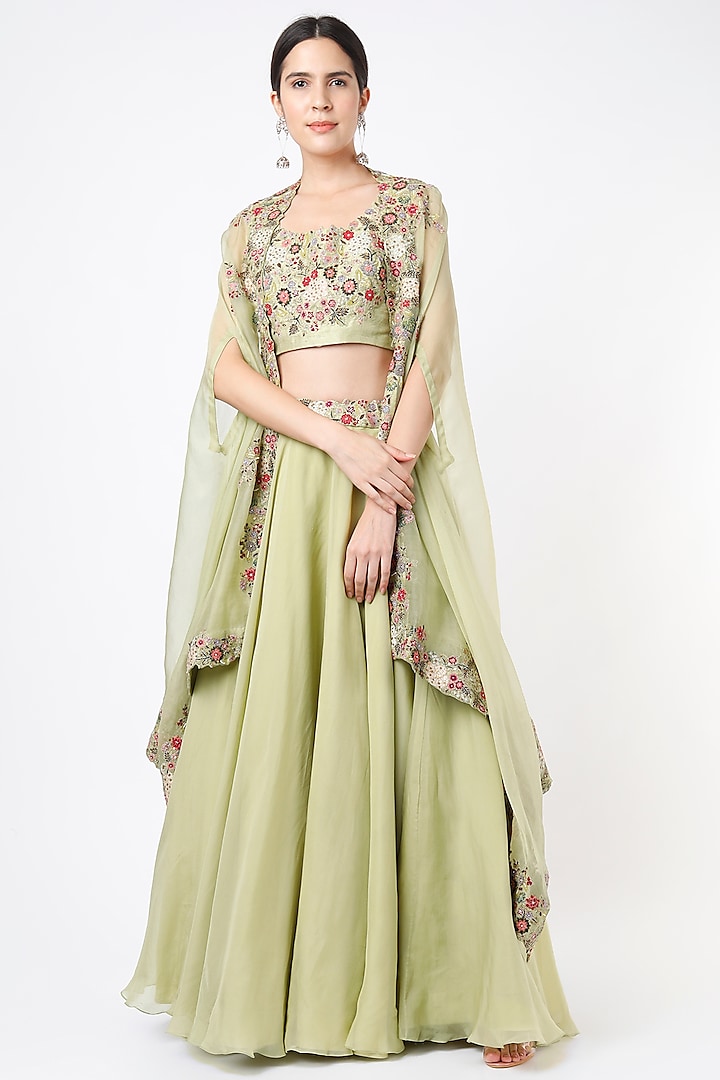 Dull Green Hand Embroidered Lehenga Set by Stotram