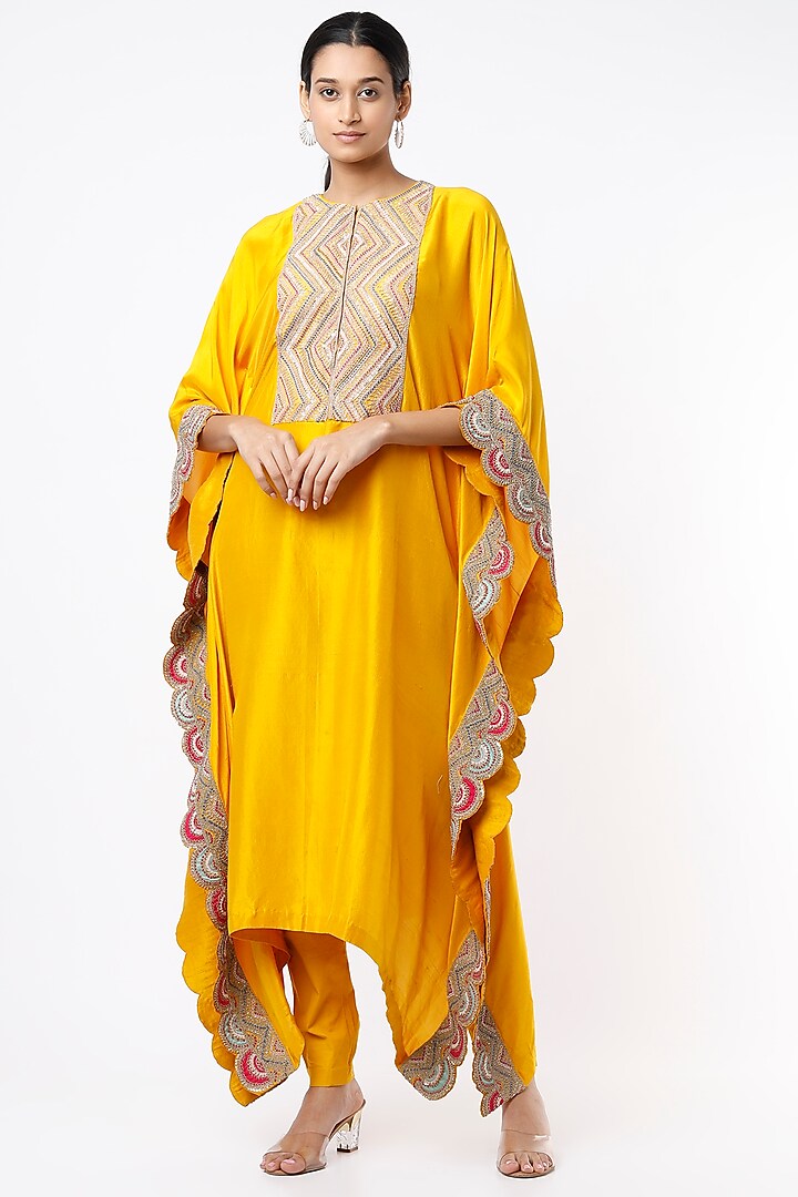 Mustard Pure Silk Kaftan Set by Stotram