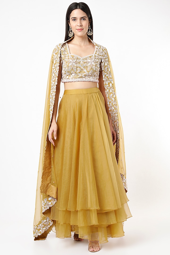 Mustard Organza Lehenga Set by Stotram