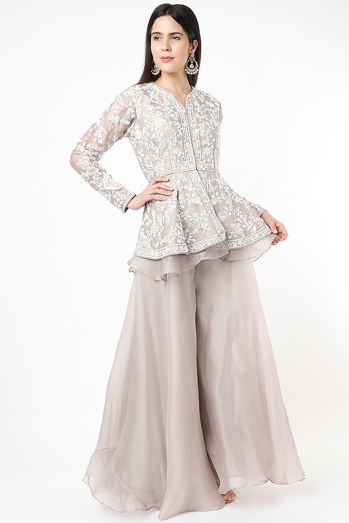 Grey Organza Palazzo Pant Set by Stotram at Pernia's Pop Up Shop