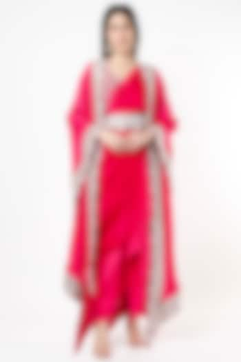 Fuchsia Silk Embroidered Cape Set by Stotram at Pernia's Pop Up Shop