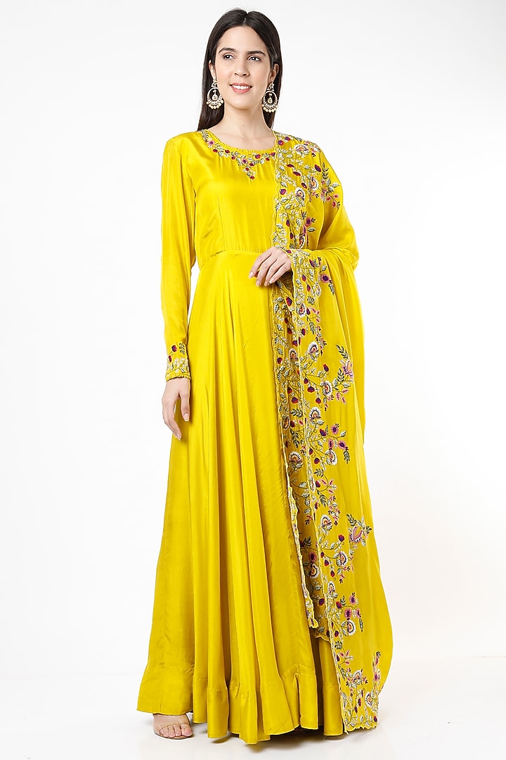 Yellow Silk Wedding Anarkali Set by Stotram at Pernia's Pop Up Shop