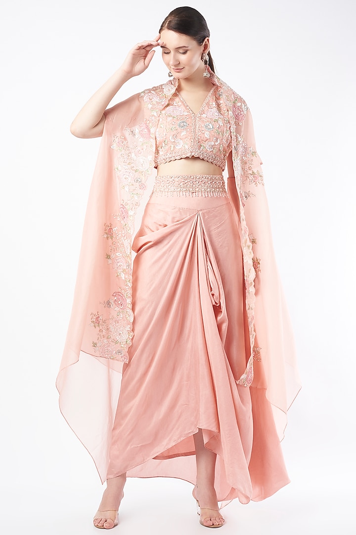 Peach Hand Embellished Cape Set by Stotram