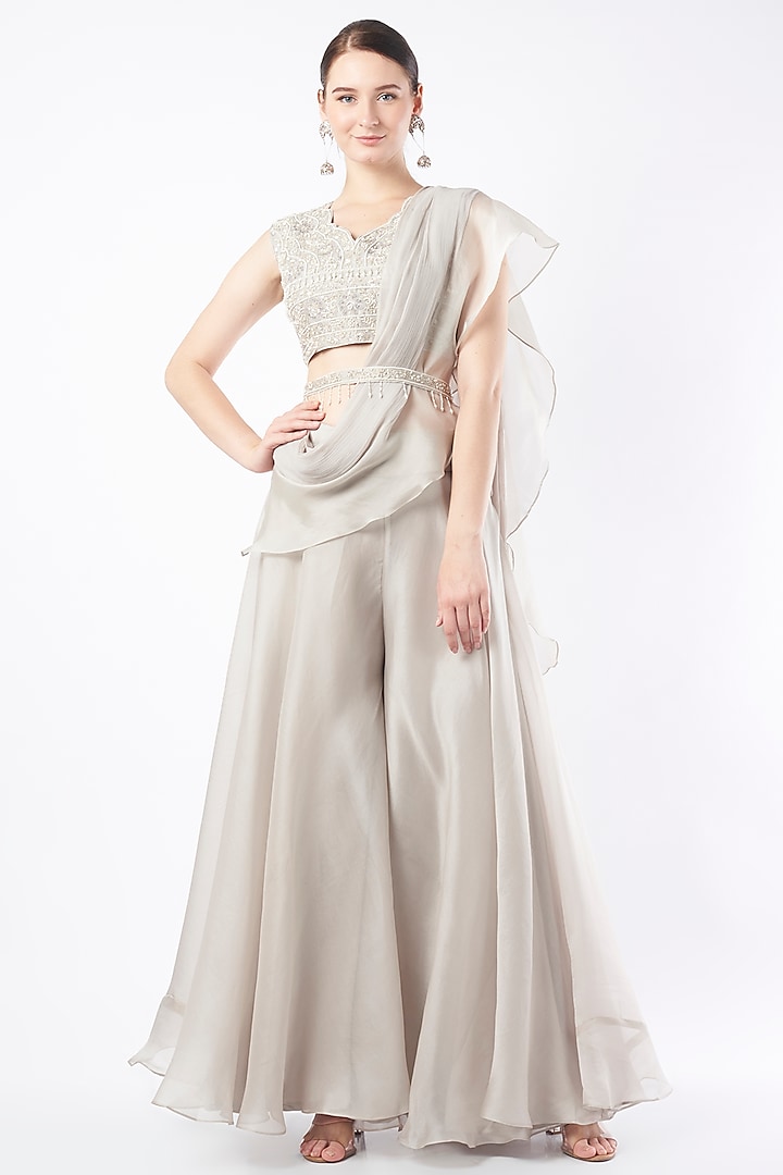 Grey Organza Draped Pant Set by Stotram at Pernia's Pop Up Shop