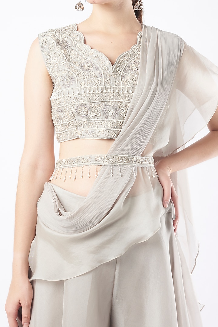 Grey Organza Draped Pant Set by Stotram at Pernia's Pop Up Shop