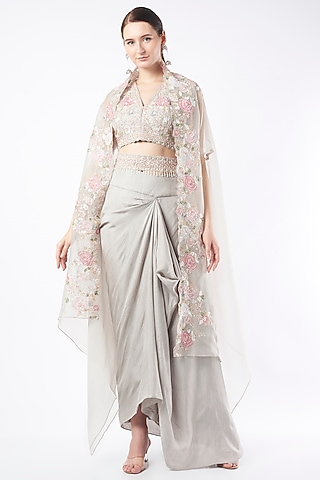 Grey Hand Embellished Cape Set by Stotram